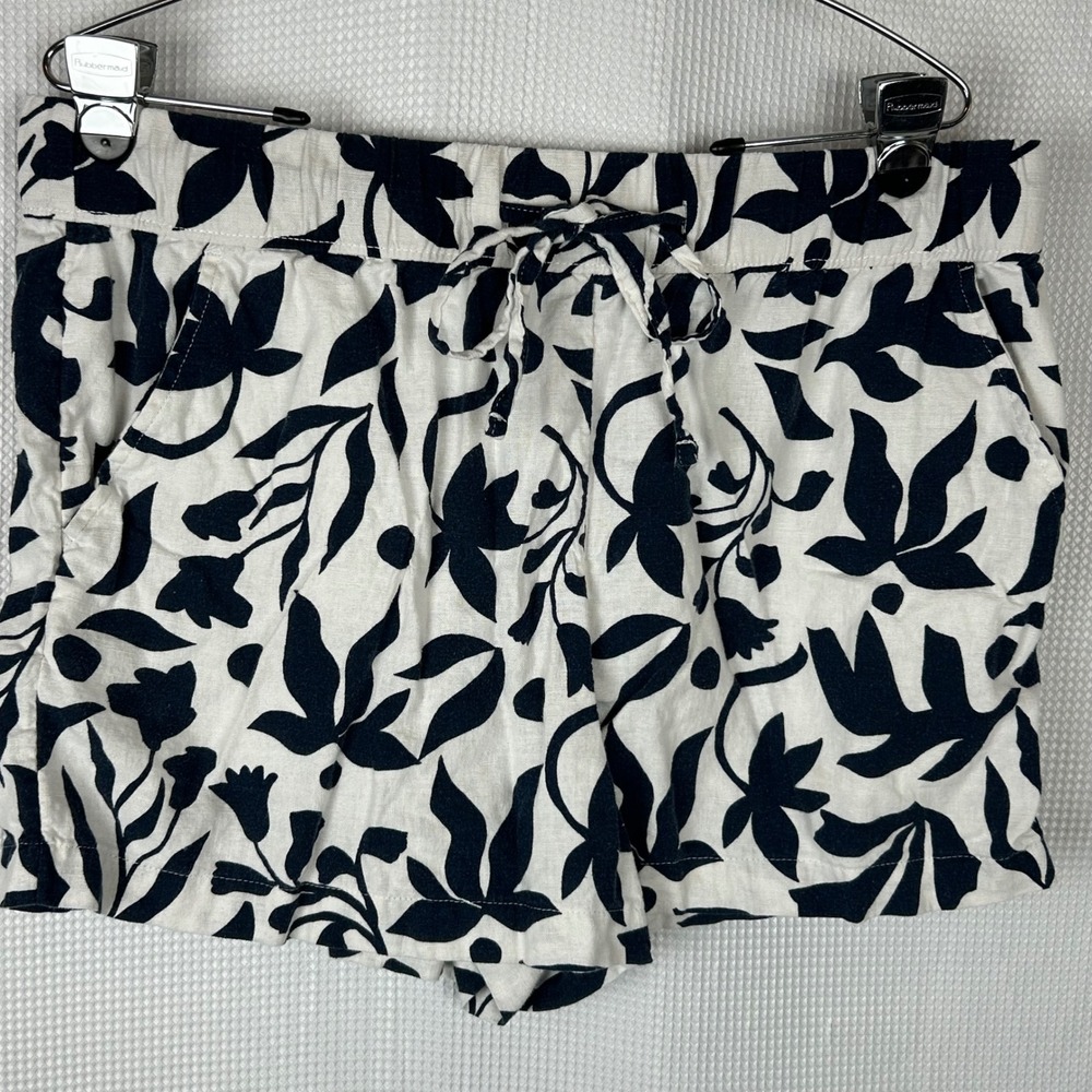 Summer Boho Womens Floral Linen Blend Pull On Shorts Black White Large 12-14
